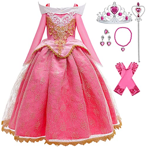 LiUiMiY Mädchen Dornröschen Kostüm Aurora Kleid Kinder Rosa Langarm Geburtstag Party Verkleidung Fasching Halloween Karneval, Rosa, 104-110(Etikett 110) von LiUiMiY