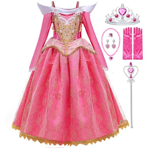 LiUiMiY Mädchen Dornröschen Kostüm Aurora Kleid Kinder Rosa Langarm Geburtstag Party Verkleidung Fasching Halloween Karneval, Rosa mit Zubehör, 104-110(Etikett 110) von LiUiMiY