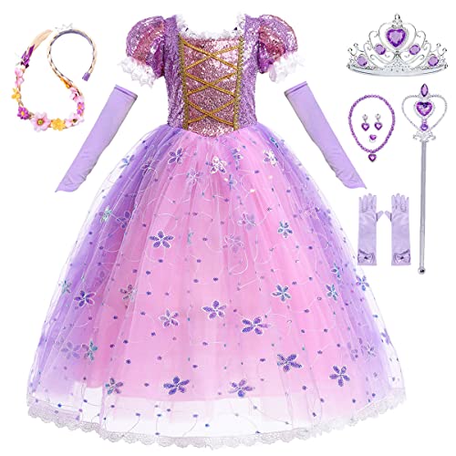LiUiMiY Mädchen Prinzessin Kostüm Kinder Rapunzel Kleid Verkleidung mit Zubehör Kurzarm Geburtstag Party Halloween Fasching Karneval, Violett mit Zubehör, 104-110(Etikett 110) von LiUiMiY