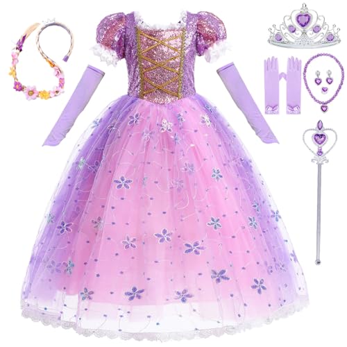 LiUiMiY Mädchen Prinzessin Kostüm Kinder Rapunzel Kleid Verkleidung Kurzarm Geburtstag Party Halloween Fasching Karneval, Violett, 104-110(Etikett 110) von LiUiMiY