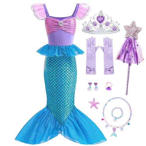 LiUiMiY Meerjungfrau Kostüm Mädchen Arielle Kleid Kinder Prinzessin Ariel Fasching Karneval Halloween Geburtstag Party, 134-140(Etikett 140) von LiUiMiY