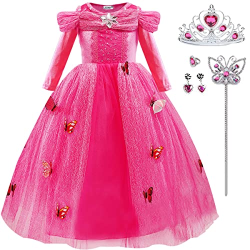 LiUiMiY Prinzessin Kostüm Mädchen Kleider Karneval Langarm Verkleidung Party Geburtstagsfeier Halloween Fest mit Zubehör, Rose, 128-134 (Etikett 130) von LiUiMiY