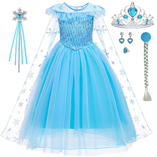 LiUiMiY ELSA Prinzessin Kostüm Mädchen Eiskönigin Kleid Karneval Langarm Verkleidung Party Geburtstagsfeier Halloween Weihnachten Fest, Blau, 116-122(Etikett 120) von LiUiMiY