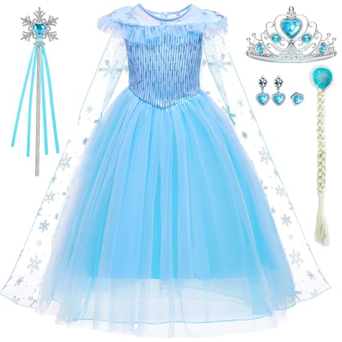 LiUiMiY Elsa Prinzessin Kostüm Mädchen Eiskönigin Kleid Karneval Langarm Verkleidung Party Geburtstagsfeier Halloween Weihnachten Fest, Blau, 98-104 (Etikett 100) von LiUiMiY