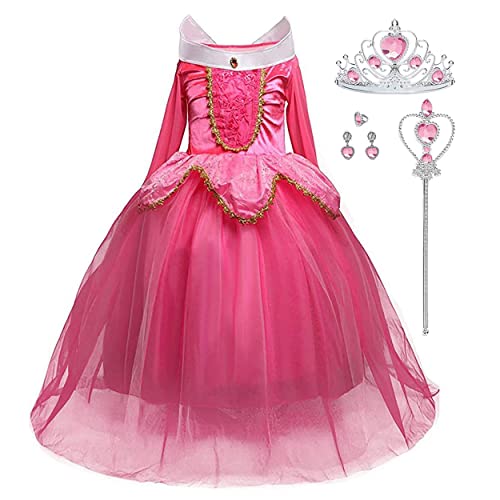 LiUiMiY Prinzessin Mädchen Kostüm Kinder Baby Halloween Karneval Weihnachten Cosplay Geburtstagsfeier mit Zauberstab Krone, Rosa, 104-110 (Etikette 110) von LiUiMiY