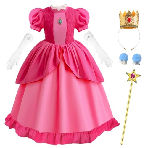 LiUiMiY Prinzessin Peach Kostüm Mädchen Kinder Rosa Pfirsich Kleid Fasching Karneval Halloween Geburtstag Party Verkleidung mit Zubehör, 104-110(Etikett 110) von LiUiMiY