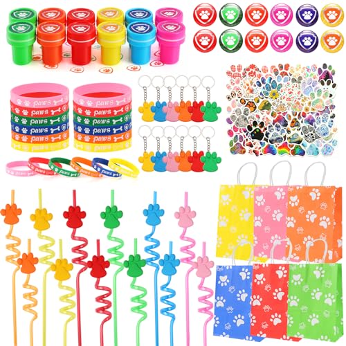 LiYiQ 122 Stück Hundepfoten-Partygeschenke mit wiederverwendbaren Trinkhalmen, Pfotenabdruck, Gummi-Armbänder, Schlüsselanhänger, Stempel, Hundepfoten-Knopf und Geschenktüten für Kinder LiYiQ 122 Stück Hundepfoten-Partygeschenke mit wiederverwendbaren Trinkhalmen, Pfotenabdruck, Gummi-Armbänder, Schlüsselanhänger, Stempel, Hundepfoten-Knopf und Geschenktüten für Kinder von LiYiQ