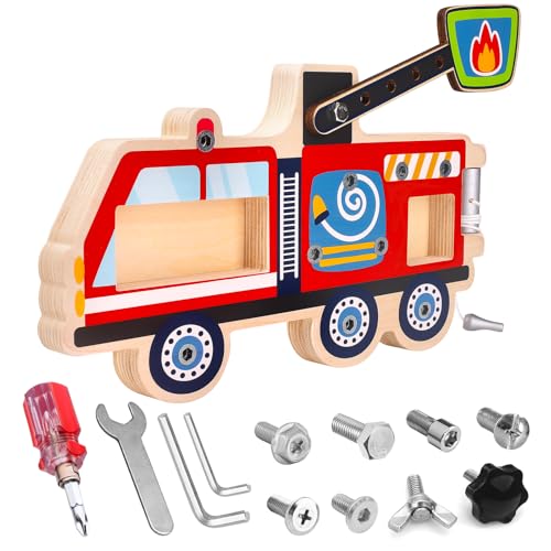 Feuerwehrauto Holzspielzeug mit Schrauben und Werkzeug - Montessori Lernspielzeug ab 3 Jahre - Motorikspielzeug zum Schrauben - Geschenk für Jungen und Mädchen von Liangding