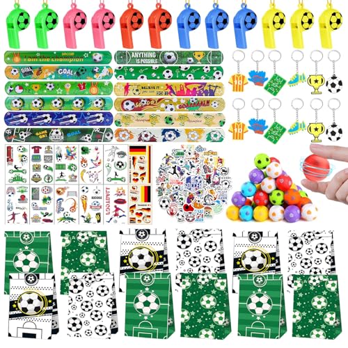 Liangding Fußball Party Mitgebsel Kinder, 122ST Fussball Mitgebsel Jungen mit Spinning-Fußball, Geschenk Taschen, Schnapparmband, Pfeifen, Tattoo,Fußball-Party Deko Kindergeburtstag von Liangding