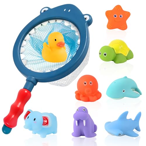 9 Stück Badewannenspielzeug, Badespielzeug Baby ab 1 Jahr, 8 Tiere Plus 1 Fischernetz（Enthält 2 thermochrome Tiere） Wasserspielzeug Kinder, Geeignet für Jungen und Mädchen von Libershine