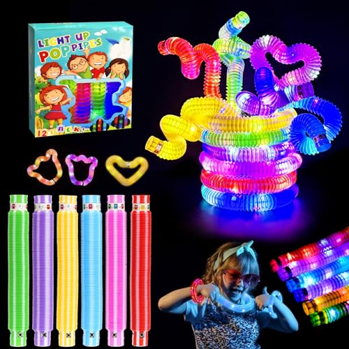 12 Stück Knicklicht Pop Tubes, LED Pop Tubes Fidget Toys Party Supplies Leuchtstäbe Knicklichter Armbänder Party Deko Set Bunt Sensorik Spielzeug Pop Röhren Mitgebsel Kindergeburtstag für Kinder von Libershine