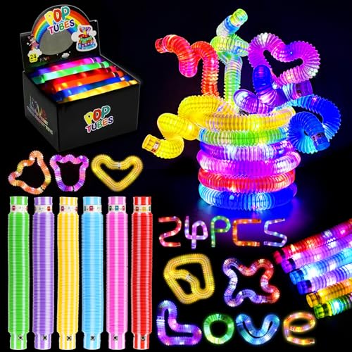 24 Stück Knicklicht Pop Tubes, LED Pop Tubes Fidget Toys Party Supplies Leuchtstäbe Knicklichter Armbänder Party Deko Set Bunt Sensorik Spielzeug Pop Röhren Mitgebsel Kindergeburtstag für Kinder von Libershine