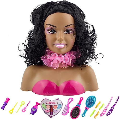 Liberty Imports Schwarzes Make-up und Frisur afroamerikanische Puppe Kopf Spielzeug Set mit waschbaren Kosmetika und Mode-Accessoires für Mädchen von Liberty Imports