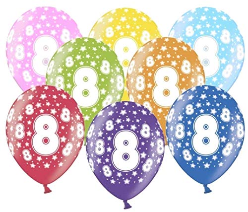10 kunterbunte Luftballons 8. Geburtstag Ballon 8 Jahre Made in EU Metallic Größe 30cm Deko Luftballons 8 Geburtstag Mädchen Junge Ballon Zahl 8 von Libetui