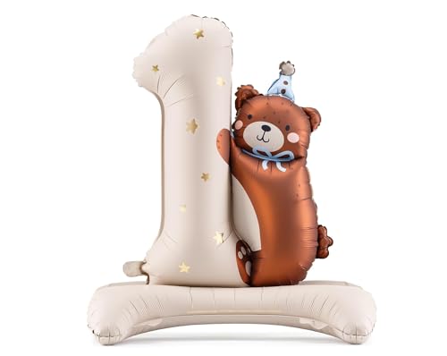 Folienballon 1. Geburtstag XXL Ballon 1 Creme Teddybär mit Standfuß selbststehend Luftballon Zahl 1 Bär Geburtstag Mädchen Junge Kindergeburtstag von Libetui
