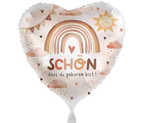 Herzballon Baby 'Schön, dass du geboren bist' Regenbogen Sonnenschein Folienballon Geburt Deko Babyparty Mädchen Luftballon Made in EU, Helium geeignet von Libetui