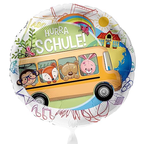 Süßer Folienballon zum Schulanfang 'Hurra Schule' Schulbus Ballon Schulstart Schulbeginn Geschenk Schulkind zur Einschulung Luftballon - Helium geeignet von Libetui