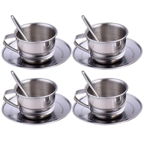 Hitzebeständige Kinder Edelstahl-Tee-Set, Tassen Saucers Löffel für Mädchen Jungen/ 4x70ml von Licsaliwe