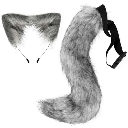 Licsaliwe Faux Pel Fox Ohren und Schwanzset, Tier Wolfsschwanz mit Stirnband für Cosplay, Party, Maskerade -Kostüm (Dunkelgrau) von Licsaliwe