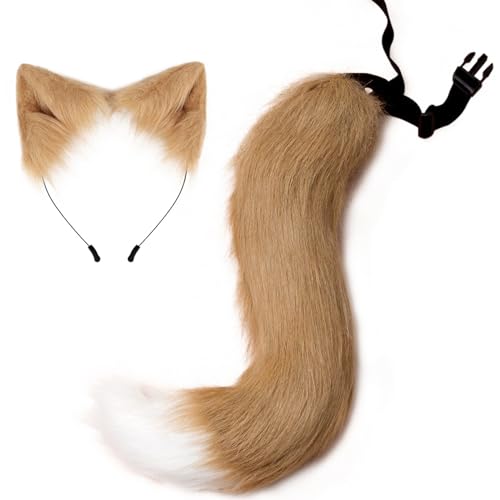 Licsaliwe Faux Pel Fox Ohren und Schwanzset, Tier Wolfsschwanz mit Stirnband für Cosplay, Party, Maskerade -Kostüm (Khaki) von Licsaliwe
