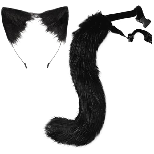 Licsaliwe Faux Pel Fuchs Ohren und Schwanzset, Tier Wolfschwanz mit Stirnband für Cosplay, Party, Maskerade -Kostüm (schwarz) von Licsaliwe
