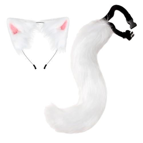 Licsaliwe Faux Pel Fuchs Ohren und Schwanzset, Tier Wolfschwanz mit Stirnband für Cosplay, Party, Maskerade -Kostüm (weiß) von Licsaliwe