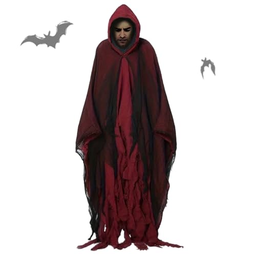Licsaliwe Halloween-Umhang 185 cm lang weinrot mit Kapuze Herren und Damen Sensenmann Cosplay Halloween-Kostüme für Erwachsene von Licsaliwe