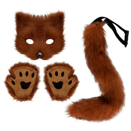 Licsaliwe Pelzige Fuchs Katzenmaske & Schwanzset, Halloween Pelzy Mask Fox Wolf Heck Katzenkostüm Leder CHOX FALL COSPLY COSPLY PARTY (Rotbraun) von Licsaliwe