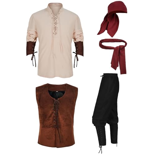 Licsaliwe Piratenkostüm Herren 5-teilig/Set Renaissance-Kostüm für Erwachsene Herren inklusive Weste Hemd Hose Kopftuch Gürtel für Cosplay Halloween XXL Licsaliwe Piratenkostüm Herren 5-teilig/Set Renaissance-Kostüm für Erwachsene Herren inklusive Weste Hemd Hose Kopftuch Gürtel für Cosplay Halloween XXL von Licsaliwe