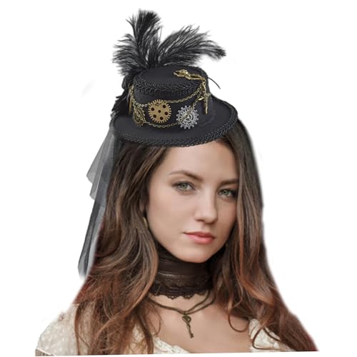 Licsaliwe Zylinderhut für Damen viktorianischer Hut mit Netzschleier Federn und Punk-Dekor Zylinder mit Clip für Kostüme Cosplay schwarzes Oberteil Licsaliwe Zylinderhut für Damen viktorianischer Hut mit Netzschleier Federn und Punk-Dekor Zylinder mit Clip für Kostüme Cosplay schwarzes Oberteil von Licsaliwe