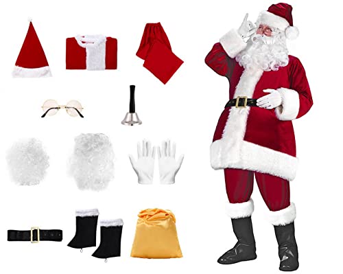 11 Stück Herren Weihnachtsmann-Kostüm aus luxuriösem Samt für Erwachsene, Kleidung, Kostüm, komplett, rot, Weihnachten, Party, Verkleiden (XL) von Licus