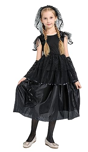 Geisterbraut Halloween Kostüme für Mädchen Abschlussball Leiche Karneval Cosplay Kleid Schwarz 10-12 Jahre von Licus