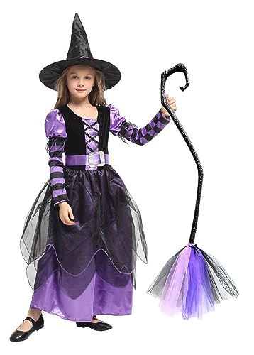 Hexe Halloween Kostüme für Mädchen Märchen Karneval Cosplay Kleid mit Hut und Besen Lila 10-12 Jahre von Licus