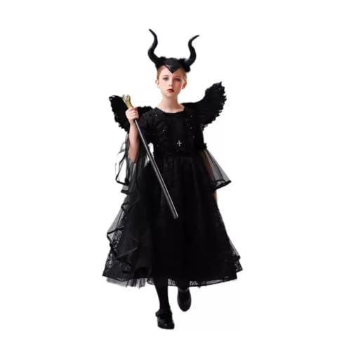 Licus Geisterhexe Halloween-Kostüme für Mädchen, böse Königin, Märchen, Karneval, Cosplay, Verkleidungsset (Schwarz, 7–9 Jahre) von Licus