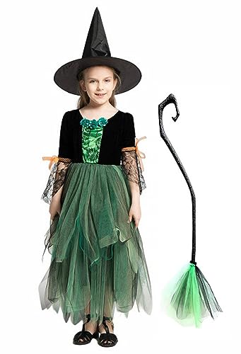 Licus Hexe Halloween Kostüme für Mädchen Märchen Karneval Cosplay Kleid mit Hut und Besen Grün 4-6 Jahre von Licus