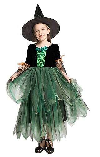 Licus Hexe Halloween Kostüme für Mädchen Märchen Karneval Rollenspiel Party Cosplay Kleid Grün 10-12 Jahre von Licus