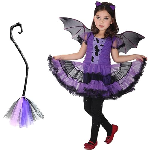 Mädchen Fledermaus Halloween Kostüm Hexe Tutu Kleid Cosplay Kostüm Kleid mit Abnehmbarer Hexenbesen Lila 10-12 Jahre von Licus