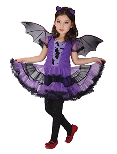 Mädchen Fledermaus Halloween Kostüm Kinder Flügel Hexe Tutu Kleid Karneval Party (Lila, 10-12 Jahre) von Licus
