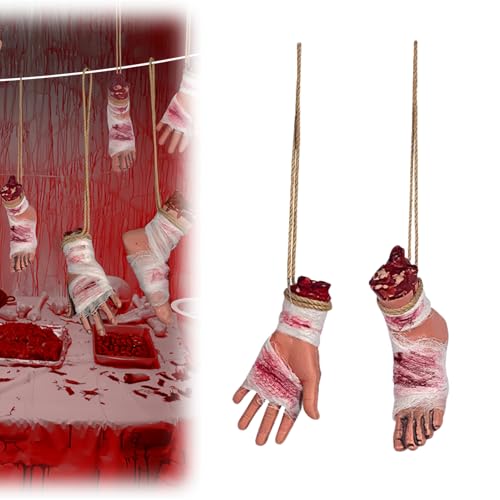 Halloween Deko Blutig Körperteile zum Aufhängen, Gruselig Hand und Füße mit Kunstblut, Realistische Körperteile für Halloween Deko Outdoor & Innen, Spukhaus, Party Dekoration (A) von Lidary