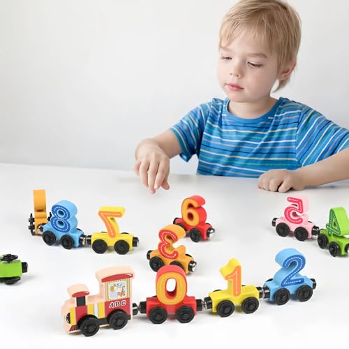 Holzspielzeug Zug, 12 Teiliges Magnet Zug Spielzeug, Abnehmbar Holz Magnet Zahlenzug mit Zahlen 0-10, Montessori für Jungen und Mädchen, Lernspielzeug Geschenke (B) von Lidary