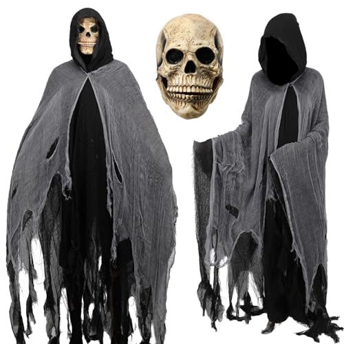 Lidary Umhang Halloween Kostüm Gruselig | Halloween Geist Kostüm Erwachsene, Sensenmann Umhang mit Kapuze, Helloweenkostüm für Herren Damen Cosplay (D) von Lidary