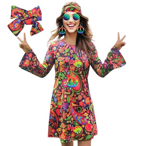 Lidssacde Damen-Hippie-Kleid, 1970er-Kostüm, Disco-Outfit, 1960er-Party-Kostüm, Halloween Retro-Kleid, 70er Jahre Kostüm Damen Faschings Kostüm kleid, Hippie Kleidung Damen Kostüm für Karneval Party Lidssacde Damen-Hippie-Kleid, 1970er-Kostüm, Disco-Outfit, 1960er-Party-Kostüm, Halloween Retro-Kleid, 70er Jahre Kostüm Damen Faschings Kostüm kleid, Hippie Kleidung Damen Kostüm für Karneval Party von Lidssacde