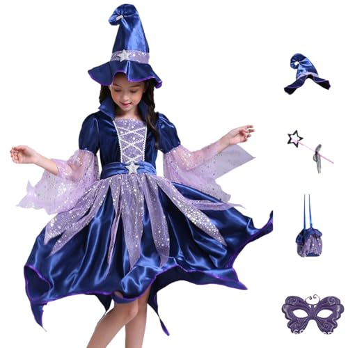 Lidssacde Halloween Kostüm Kinder Mädchen - 4 Stück Hexenkostüm Mädchen Hexenkleid Halloweenkostüm Hexe Kostüm Halloweenkostüme Halloween Costume Kids von Lidssacde
