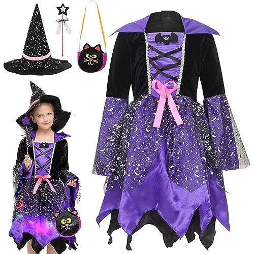 Lidssacde Halloween Kostüm Kinder Mädchen - 4 Stück Hexenkostüm Mädchen Hexenkleid Halloweenkostüm Hexe Kostüm Halloweenkostüme Halloween Costume Kids von Lidssacde