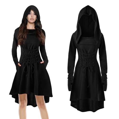 Gothic Mittelalter Kleid Damen: Renaissance mit Kapuze Kleid Rock Damenkostüm Cosplay für Karneval Halloween (schwarz, L) von Lieberpaar
