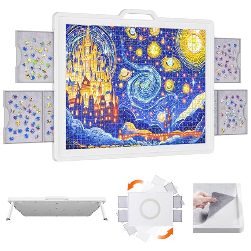 Lifewit 1500 PCS Drehbares Puzzlebrett mit 4 Schubladen/Abdeckung,88,9 x 68.5cm Tragbarer Puzzlebrett mit Kippbaren Halterungen Filzablagen, Multifunktionaler Puzzletisch für Arbeit/Spiel,Weiß von Lifewit