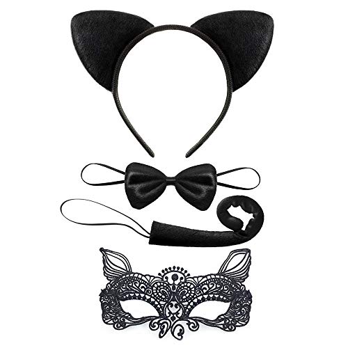 Halloween Katzenkostüm, Katzenschwanz Kostüm mit Ohren Stirnband, Fliege, Spitzenmaske Katzenkostüm für Frauen, Kinder von Lifreer