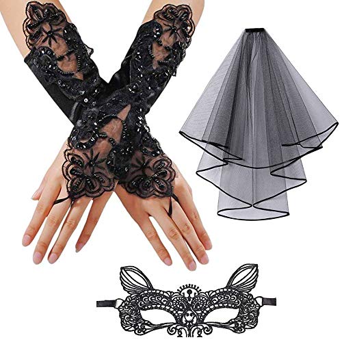 Lifreer Day of The Dead Halloween-Kostümset enthält 1 Paar Lange Fingerschlaufen-Handschuhe, schwarzen Schleier, Spitzenmaske von Lifreer