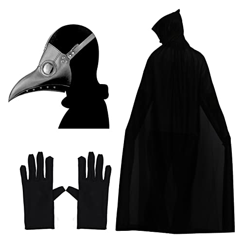 Lifreer Halloween Pestarzt Kostüm Pestarzt Maske lange Nase Vogelschnabel Maske Steampunk Maske mit schwarzen Handschuhen, Kapuzenmantel für Kinder und Erwachsene von Lifreer