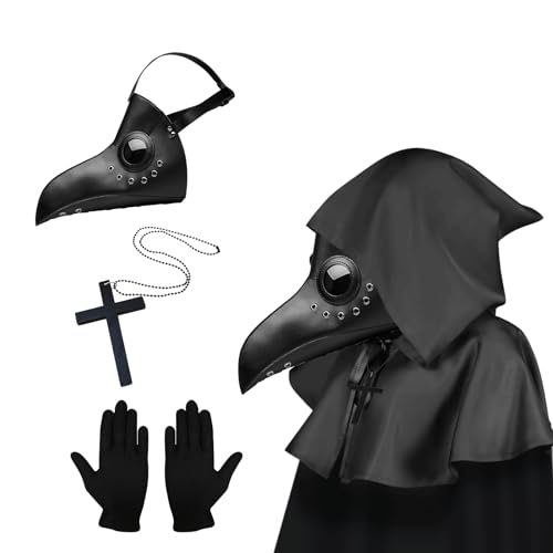 Lifreer Pest Doktor Maske - Steampunk Vogel Maske für Halloween - Erwachsene Kostüm Mit Handschuhen & Kapuzenumhang für Gothic (Schwarz, Gold) von Lifreer